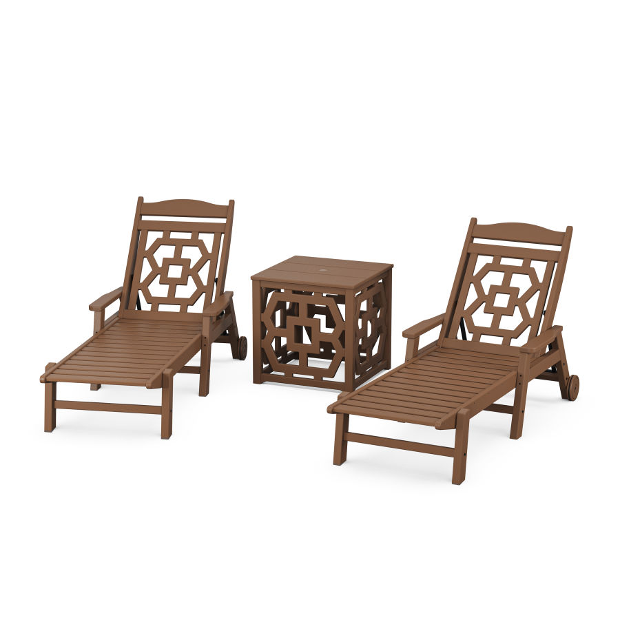 POLYWOOD Chinoiserie 3-Piece Chaise Set with Umbrella Stand Accent Table in Teak