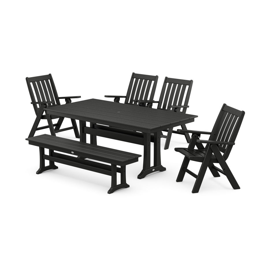 POLYWOOD Vineyard 6-Piece Farmhouse Folding Dining Set with Bench in Black