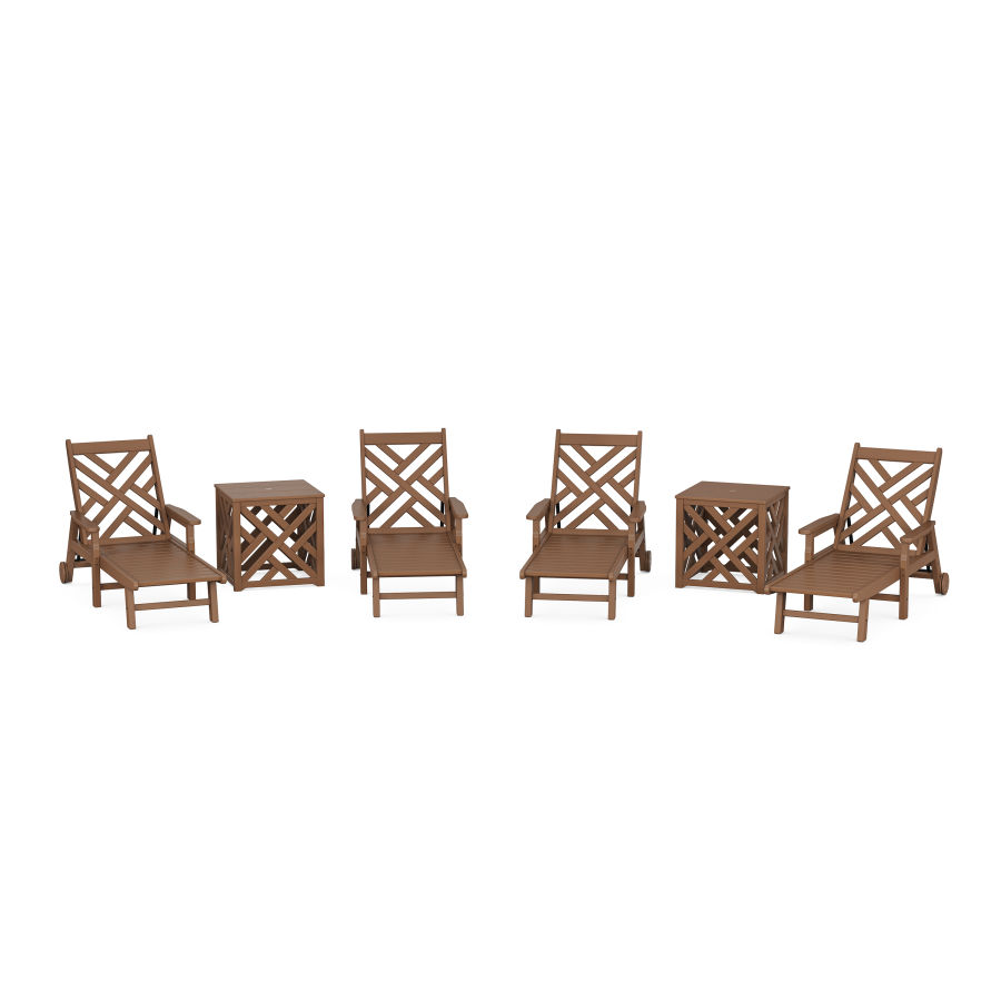 POLYWOOD Chippendale 6-Piece Chaise Set with Umbrella Stand Accent Table in Teak