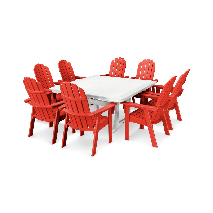POLYWOOD Vineyard Adirondack 9-Piece Nautical Trestle Dining Set in Sunset Red / White