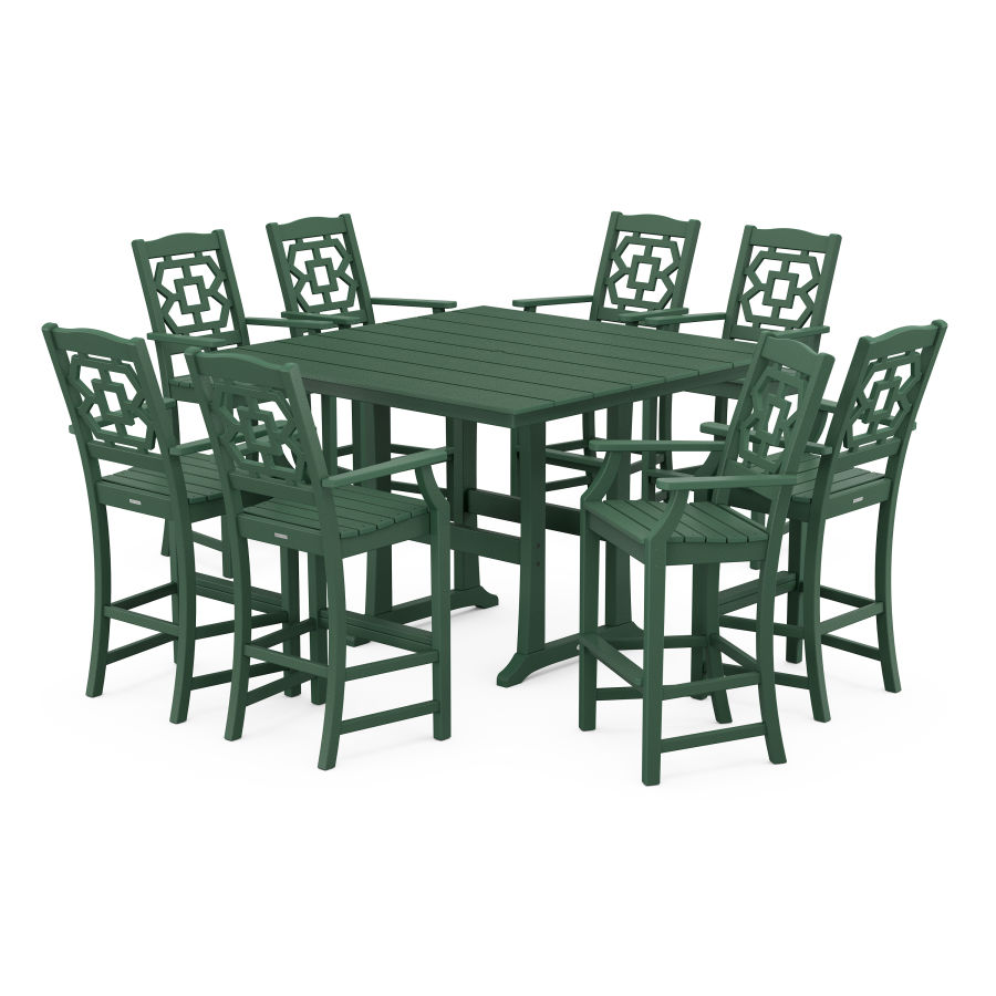 POLYWOOD Chinoiserie 9-Piece Square Farmhouse Bar Set with Trestle Legs in Green