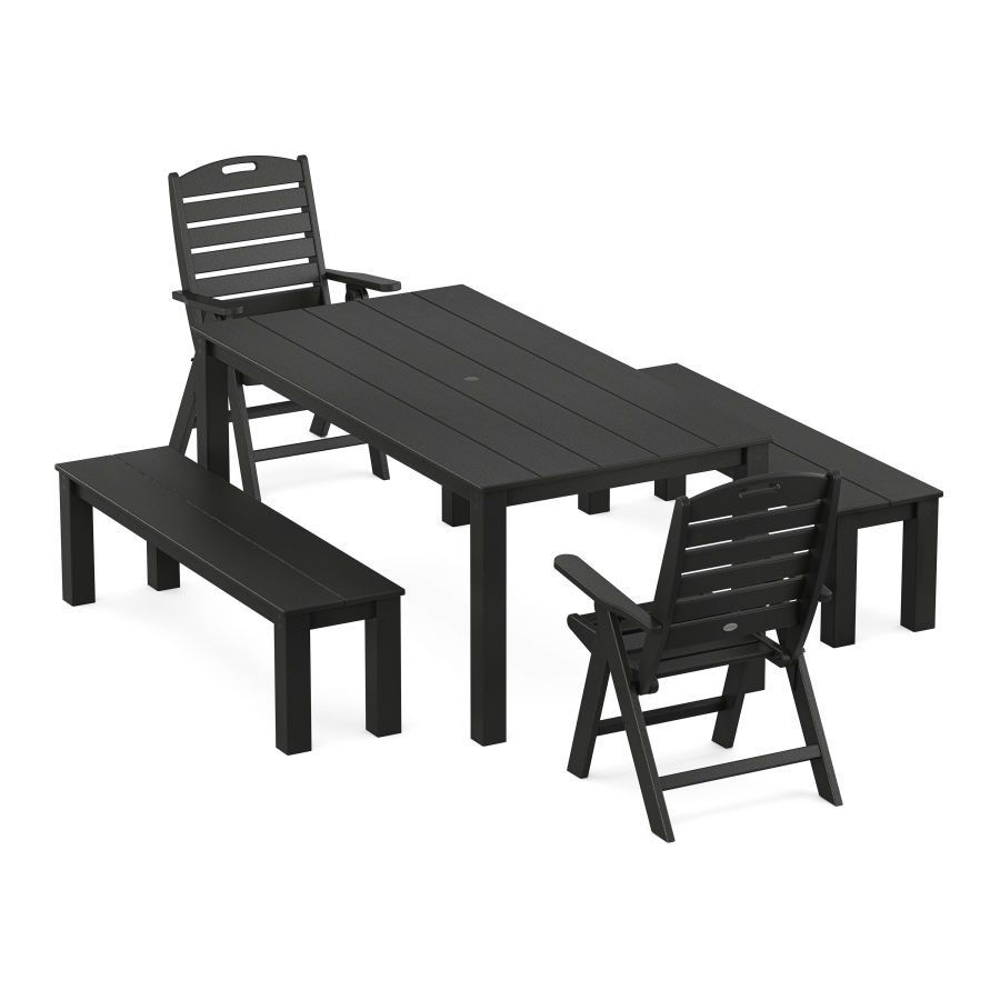 POLYWOOD Nautical Folding Highback Chair 5-Piece Parsons Dining Set with Benches in Black