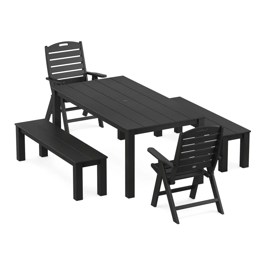 POLYWOOD Nautical Folding Highback Chair 5-Piece Parsons Dining Set with Benches in Black