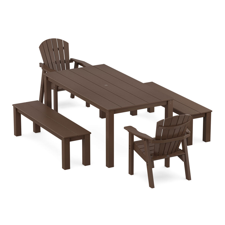 POLYWOOD Seashell 5-Piece Parsons Dining Set with Benches in Mahogany