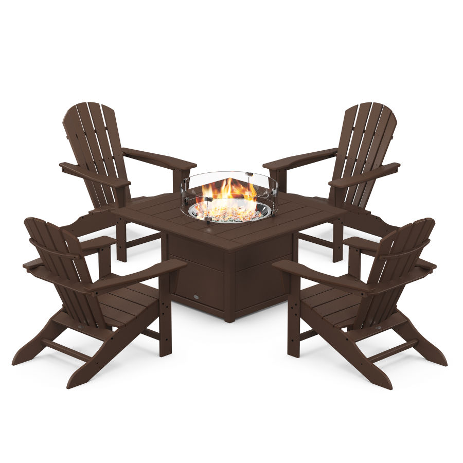 POLYWOOD Palm Coast 5-Piece Adirondack Chair Conversation Set with Fire Pit Table in Mahogany
