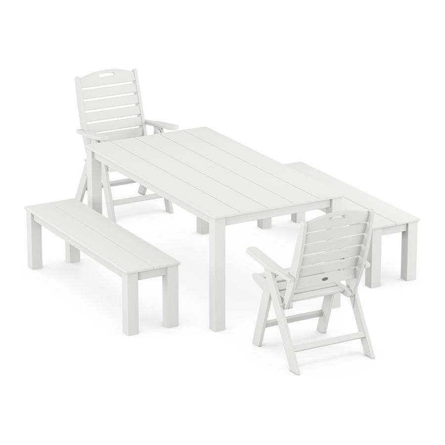 POLYWOOD Nautical Folding Highback Chair 5-Piece Parsons Dining Set with Benches in White