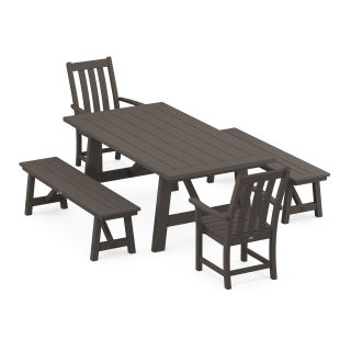 Vineyard 5-Piece Rustic Farmhouse Dining Set With Benches in Vintage Finish