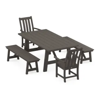 POLYWOOD Vineyard 5-Piece Rustic Farmhouse Dining Set With Benches in Vintage Finish