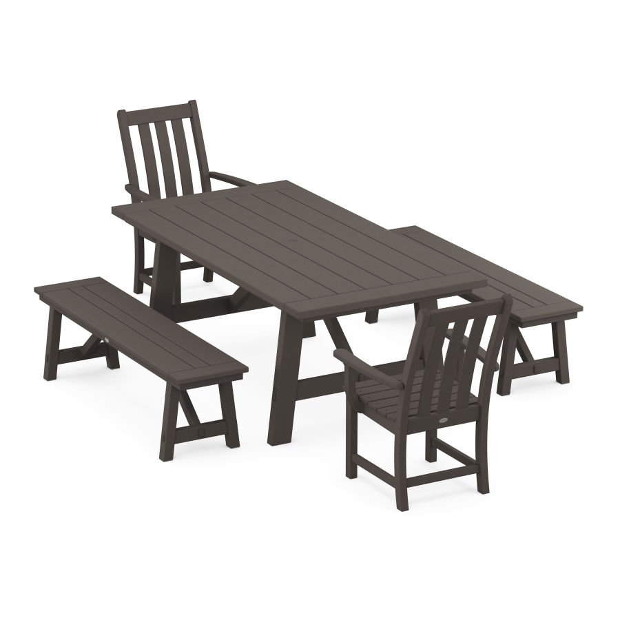 POLYWOOD Vineyard 5-Piece Rustic Farmhouse Dining Set With Trestle Legs in Vintage Coffee