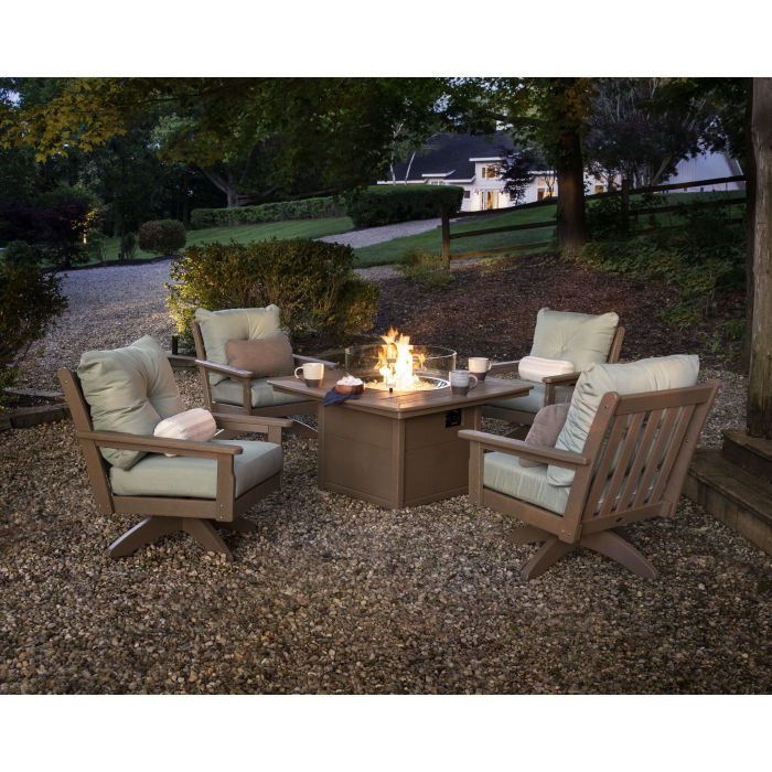 POLYWOOD Vineyard 5-Piece Deep Seating Swivel Conversation Set with Fire Pit Table