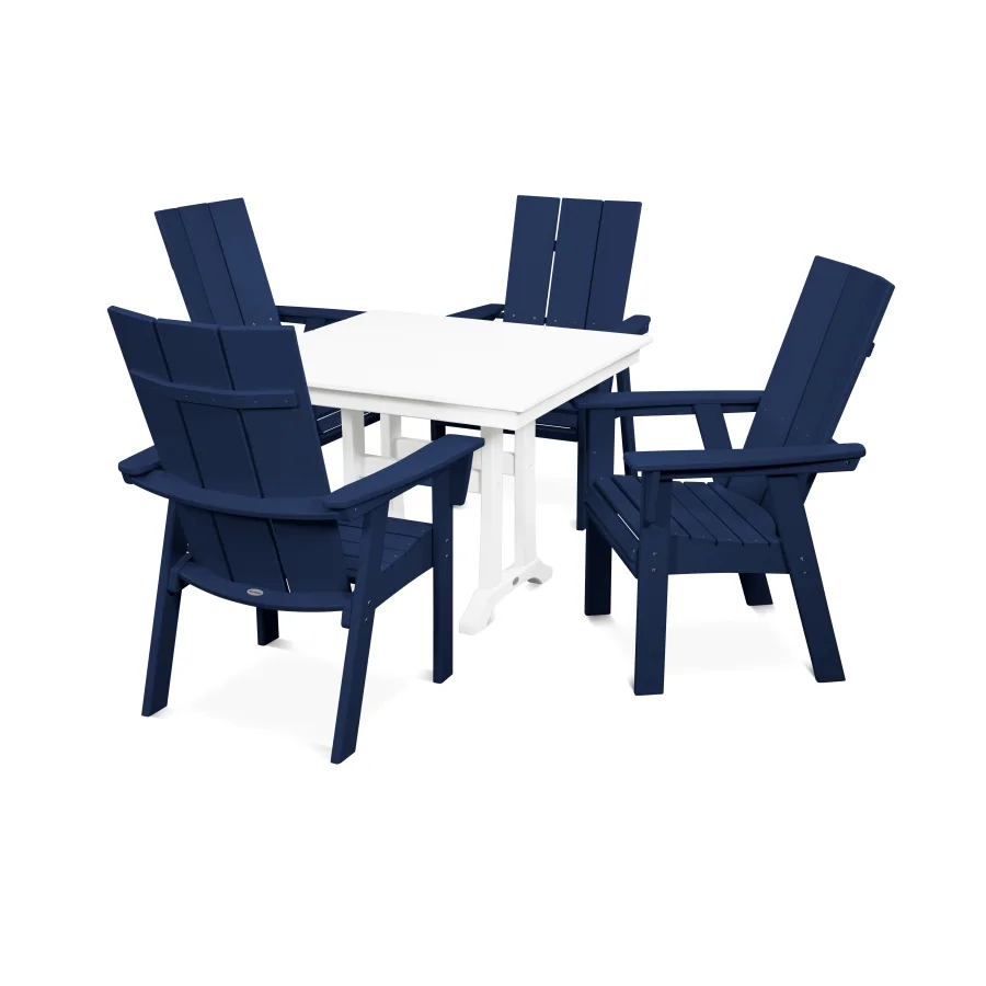 POLYWOOD Modern Curveback Adirondack 5-Piece Farmhouse Trestle Dining Set in Navy / White