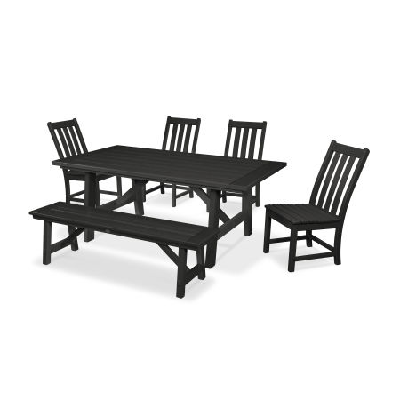 Vineyard 6-Piece Rustic Farmhouse Side Chair Dining Set with Bench in Black