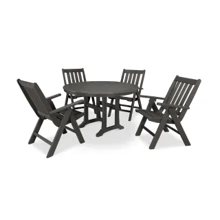 POLYWOOD Vineyard Folding Chair 5-Piece Round Dining Set with Trestle Legs in Vintage Finish