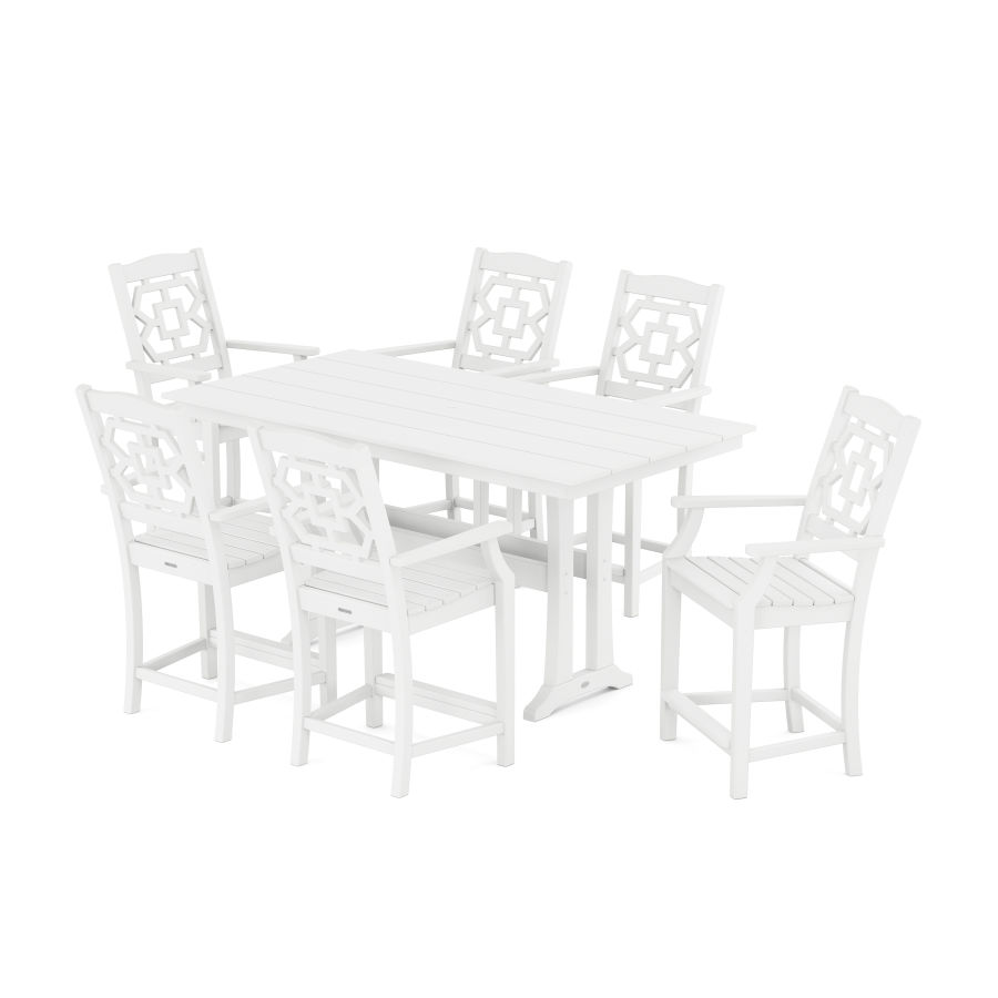 POLYWOOD Chinoiserie Arm Chair 7-Piece Farmhouse Counter Set with Trestle Legs in White