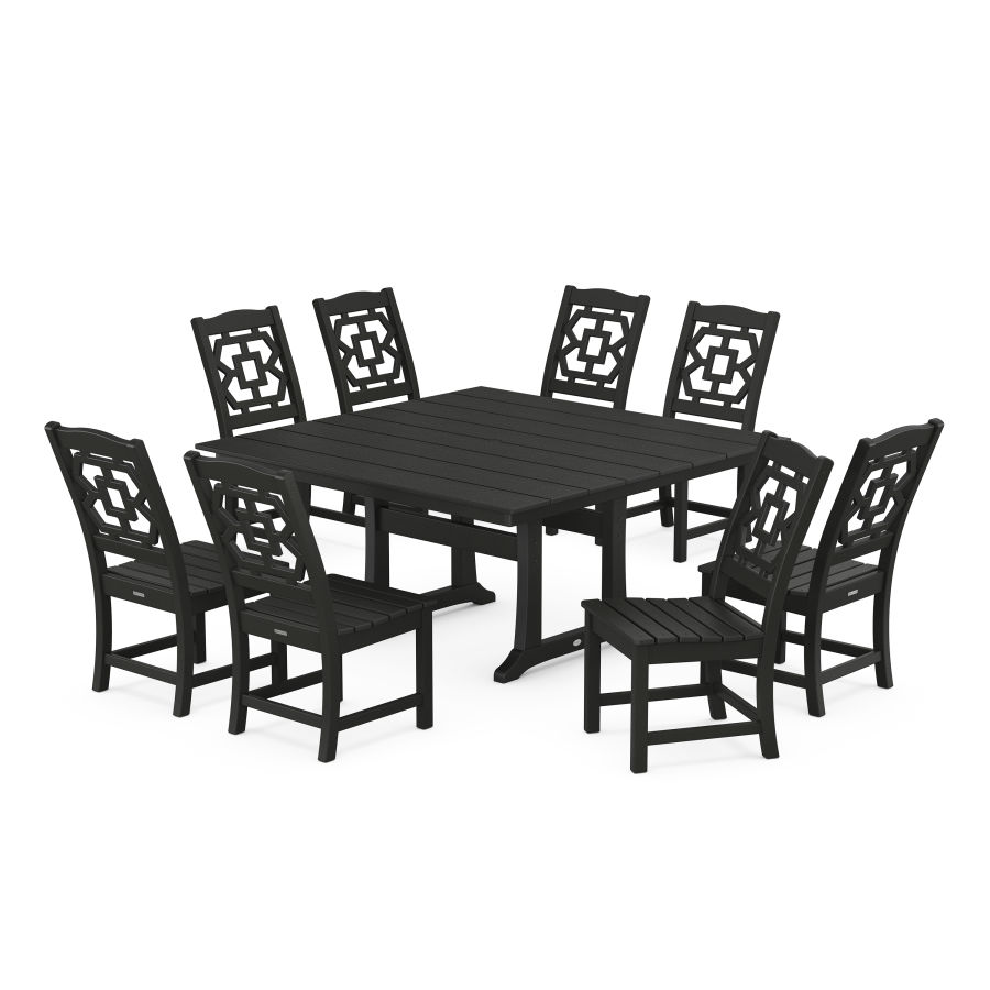POLYWOOD Chinoiserie 9-Piece Square Farmhouse Side Chair Dining Set with Trestle Legs in Black