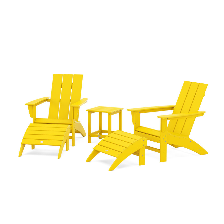 POLYWOOD Modern Adirondack Chair 5-Piece Set with Ottomans and 18" Side Table in Lemon