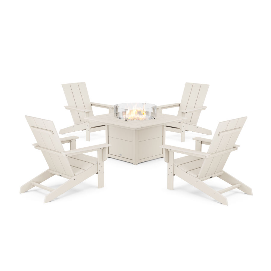 POLYWOOD 5-Piece Modern Studio Adirondack Conversation Set with Fire Pit Table in Sand