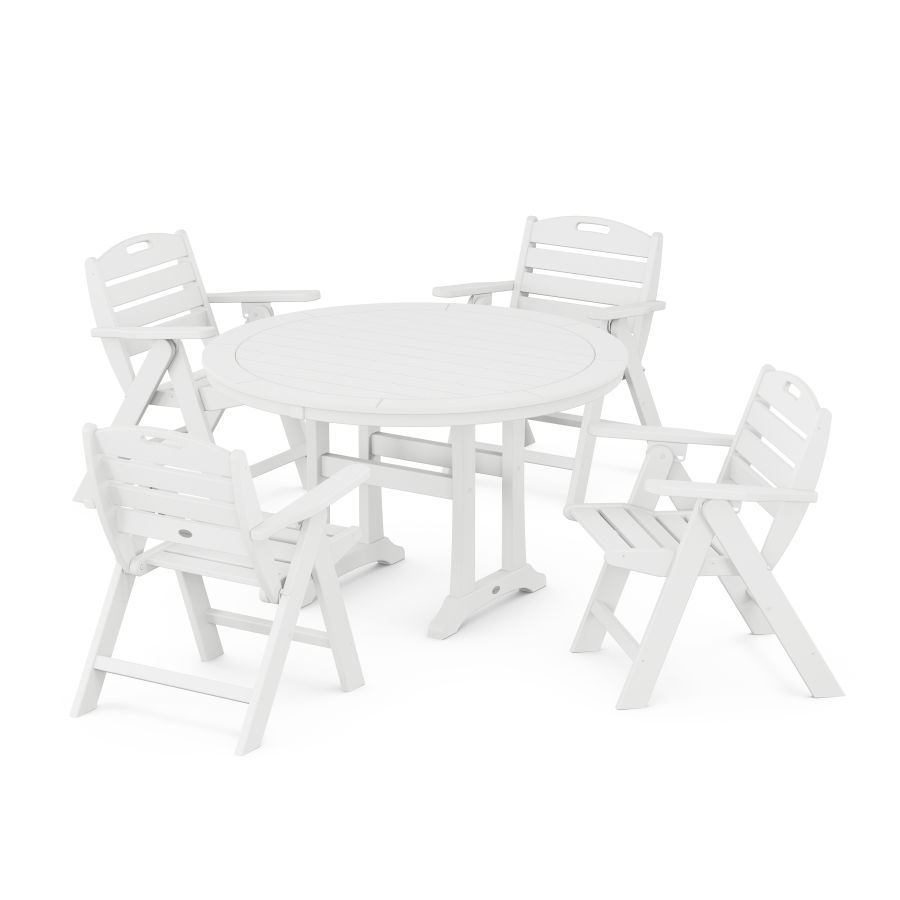 POLYWOOD Nautical Folding Lowback Chair 5-Piece Round Dining Set With Trestle Legs in White