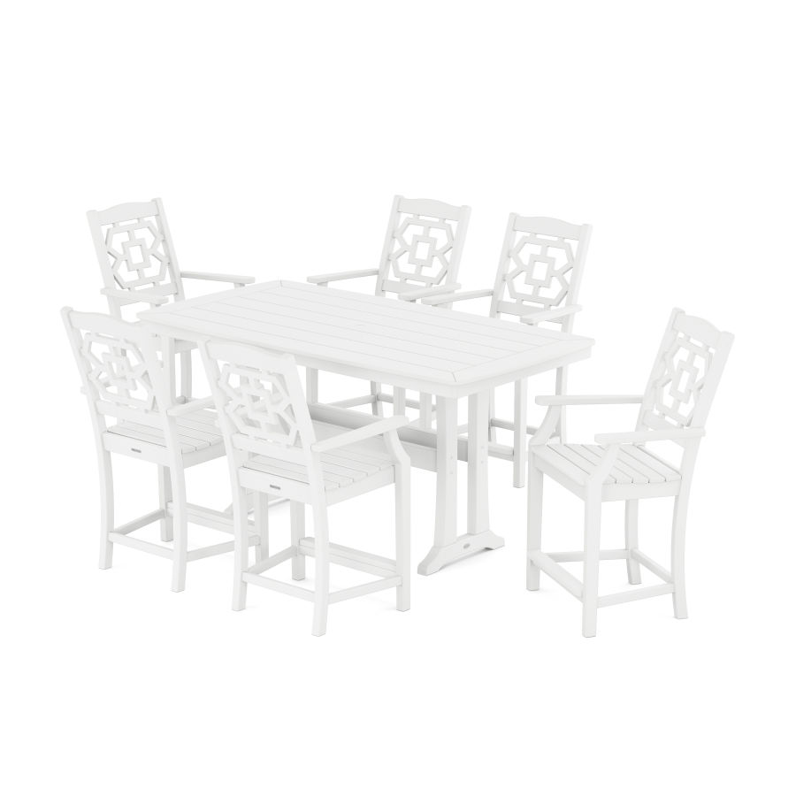 POLYWOOD Chinoiserie Arm Chair 7-Piece Counter Set with Trestle Legs in White