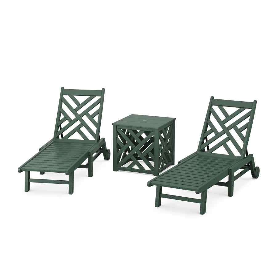 POLYWOOD Chippendale 3-Piece Chaise Set with Wheels and Umbrella Stand Accent Table in Green