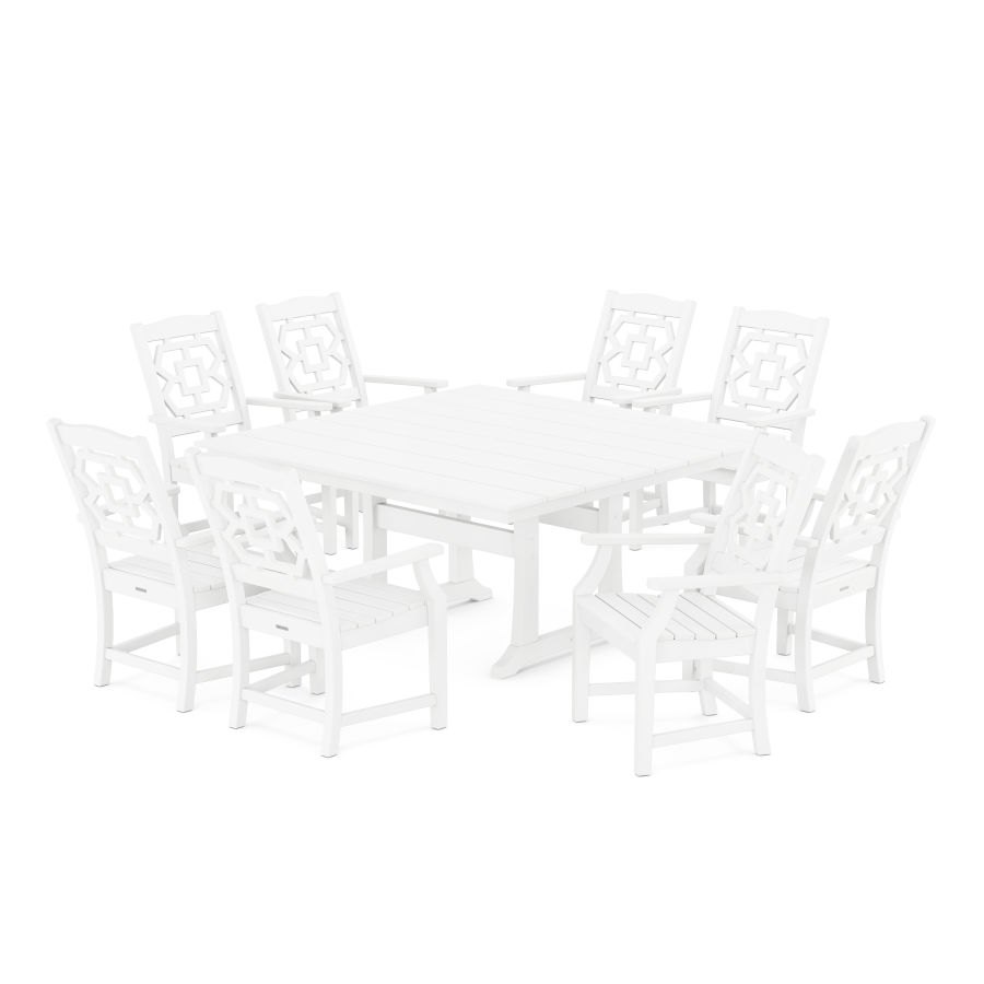 POLYWOOD Chinoiserie 9-Piece Square Farmhouse Dining Set with Trestle Legs in White