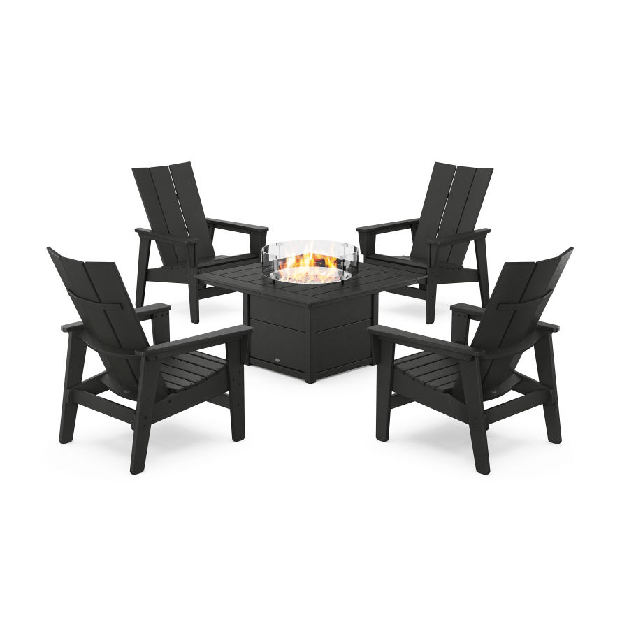 POLYWOOD 5-Piece Modern Grand Upright Adirondack Conversation Set with Fire Pit Table in Black