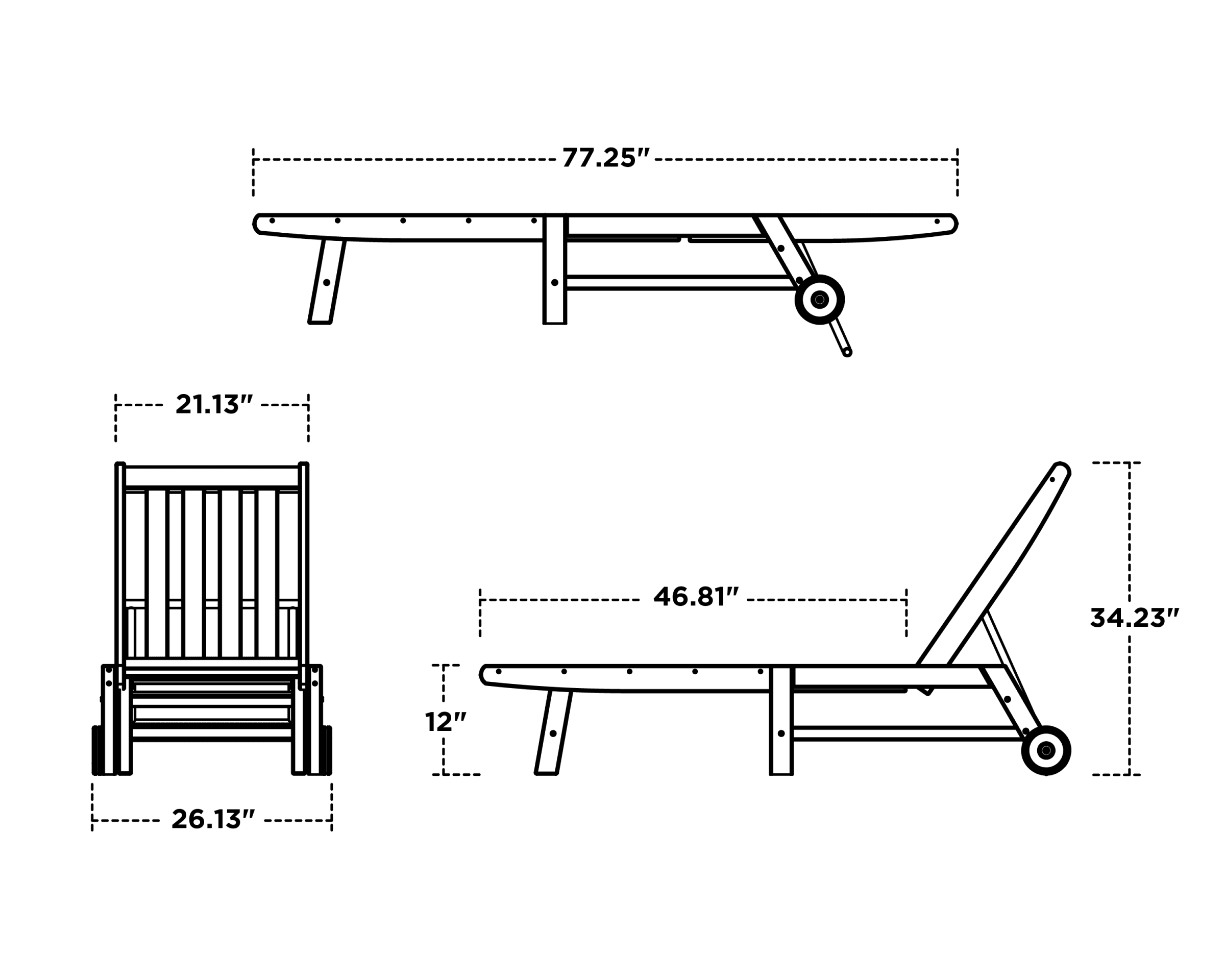 Dimensions for Vineyard Chaise with Wheels