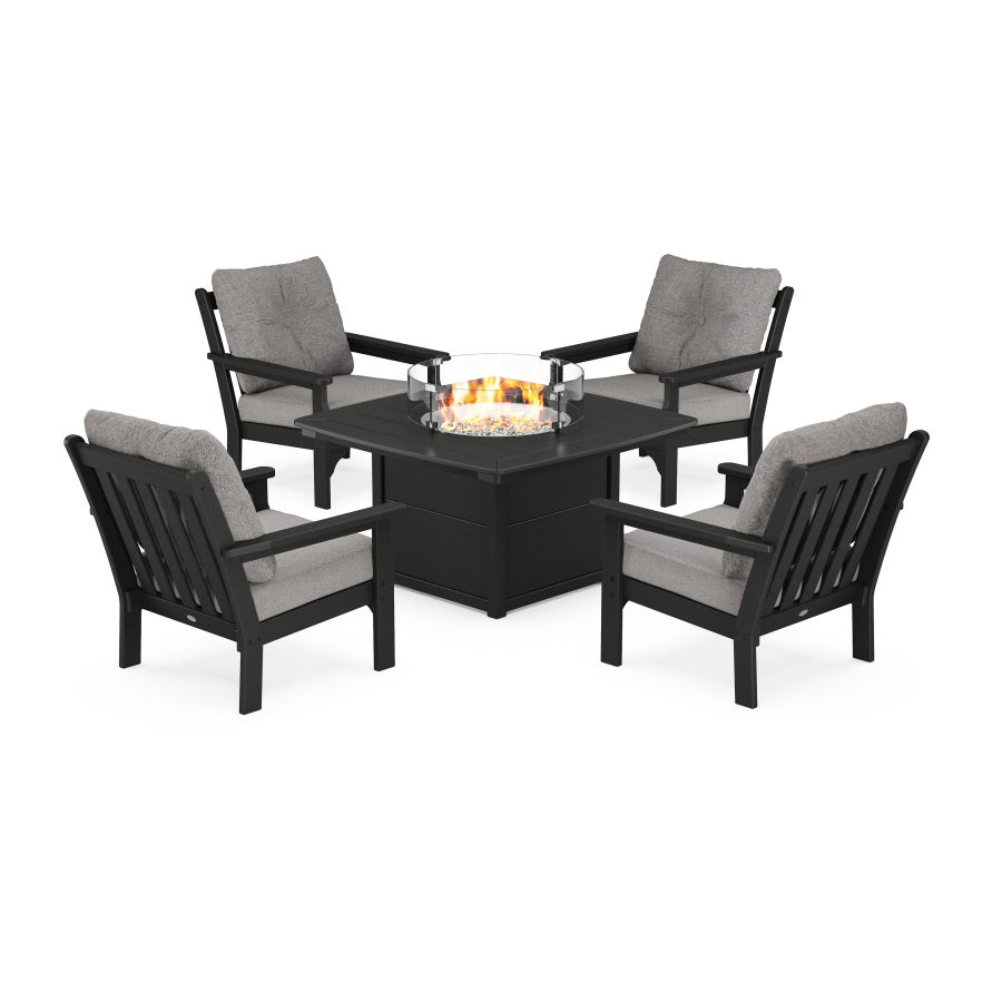 POLYWOOD Vineyard 5-Piece Conversation Set with Fire Pit Table in Black / Grey Mist