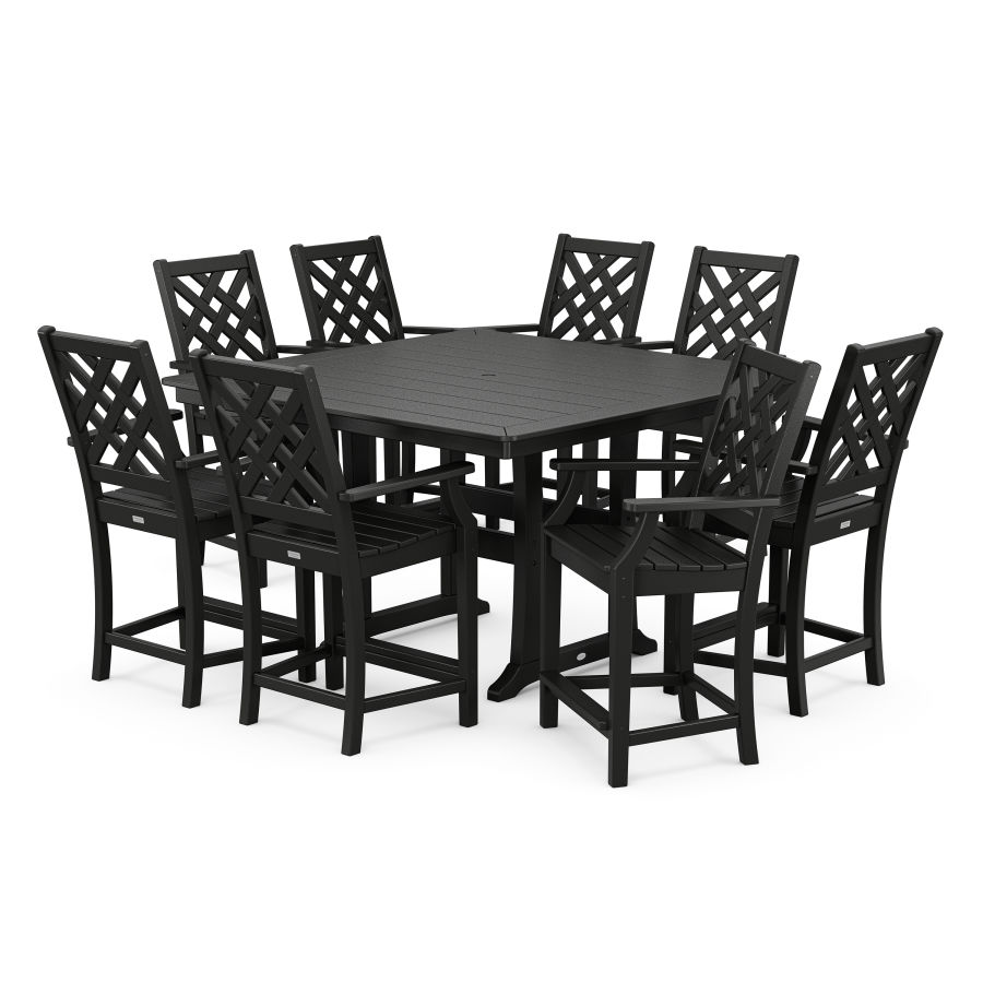 POLYWOOD Wovendale 9-Piece Square Counter Set with Trestle Legs in Black