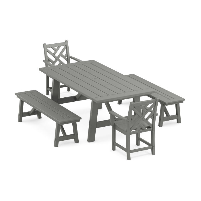 POLYWOOD Chippendale 5-Piece Rustic Farmhouse Dining Set With Benches