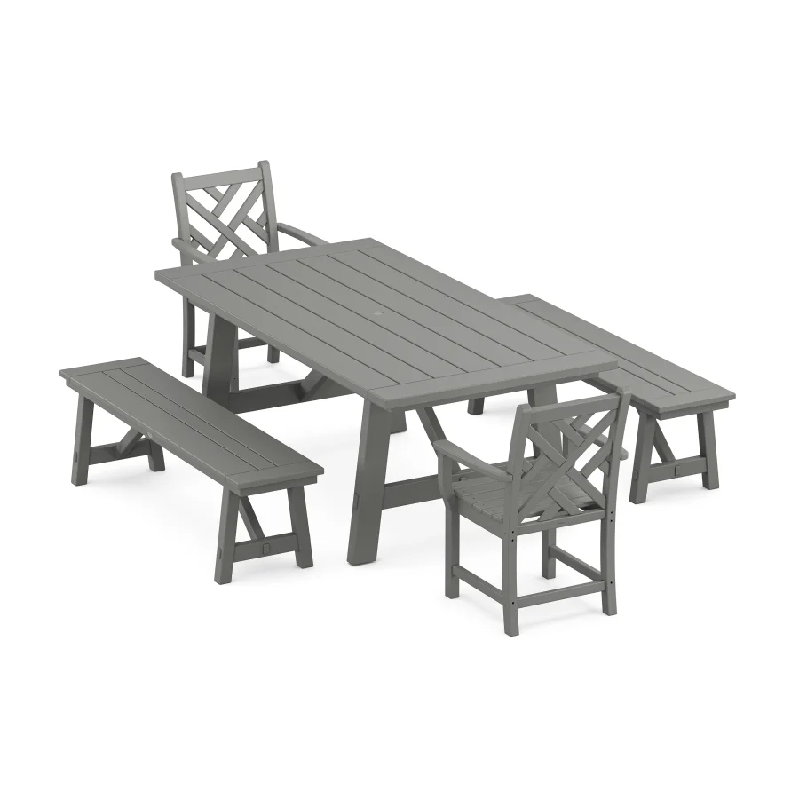 POLYWOOD Chippendale 5-Piece Rustic Farmhouse Dining Set With Benches