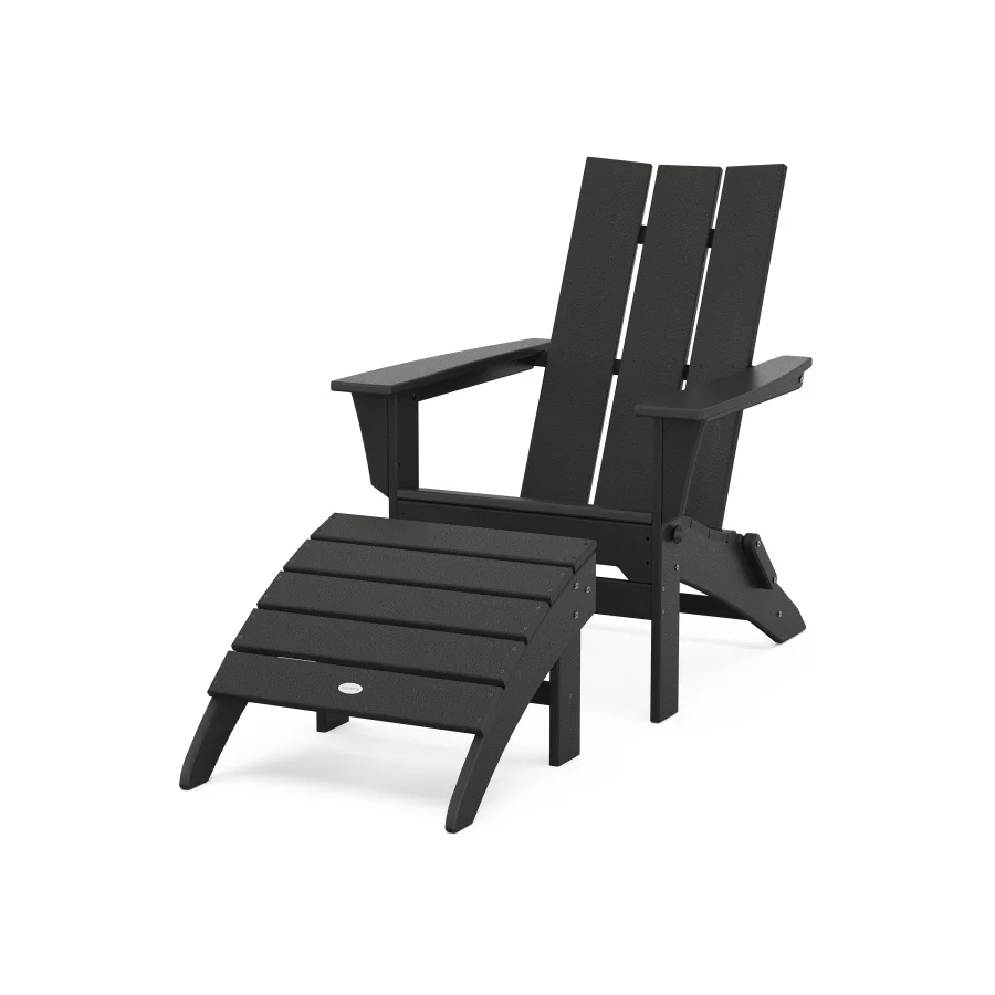 POLYWOOD Modern Folding Adirondack Chair 2-Piece Set with Ottoman in Black