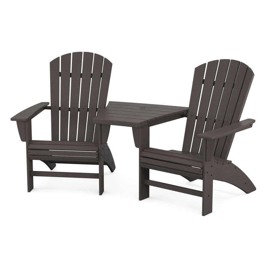POLYWOOD Nautical 3-Piece Curveback Adirondack Set with Angled Connecting Table in Vintage Coffee