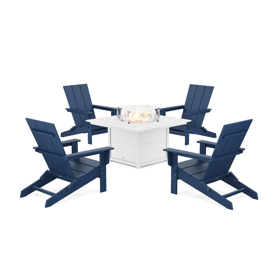 POLYWOOD 5-Piece Modern Studio Folding Adirondack Conversation Set with Fire Pit Table in Navy / White