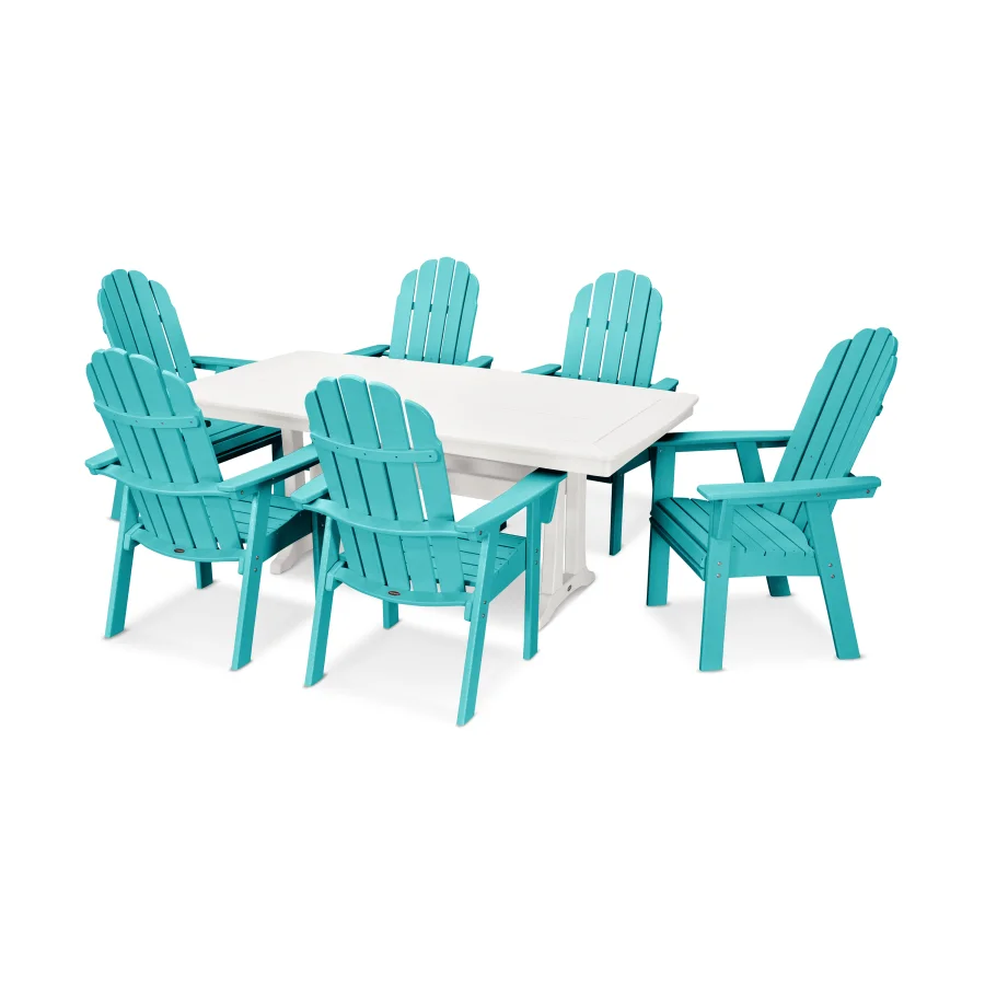 POLYWOOD Vineyard Curveback Adirondack 7-Piece Dining Set with Trestle Legs in Aruba / White