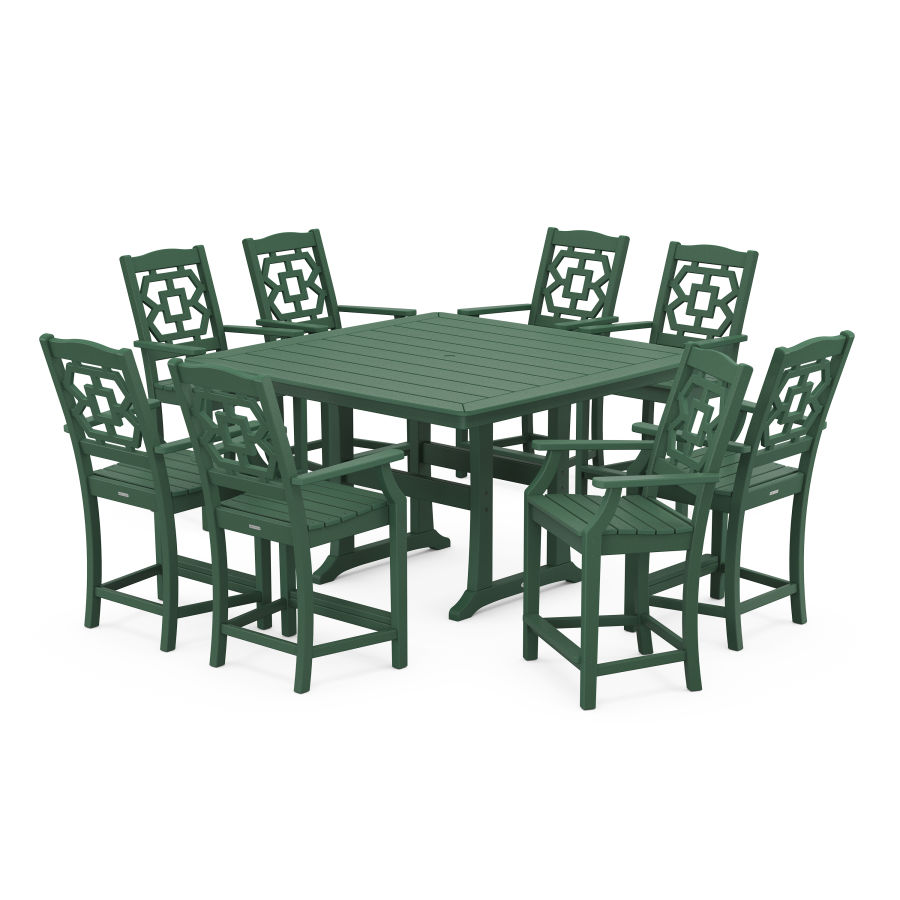 POLYWOOD Chinoiserie 9-Piece Square Counter Set with Trestle Legs in Green