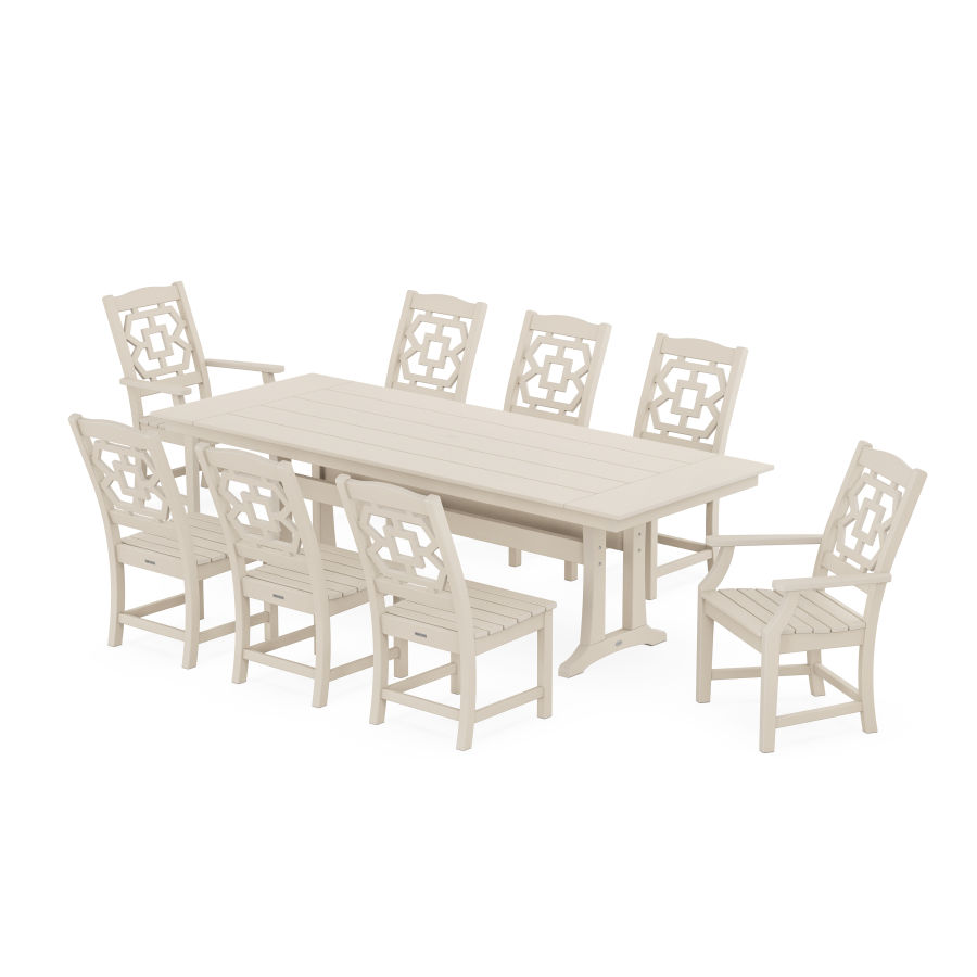 POLYWOOD Chinoiserie 9-Piece Farmhouse Dining Set with Trestle Legs in Sand