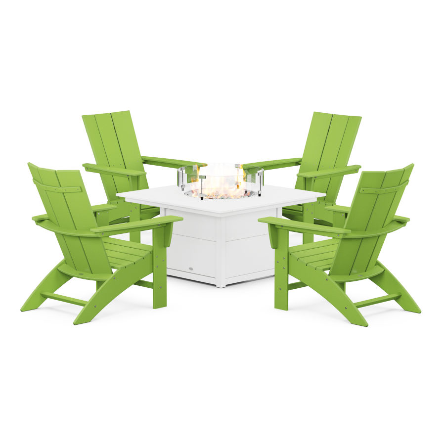 POLYWOOD Modern Curveback Adirondack 5-Piece Conversation Set with Fire Pit Table in Lime