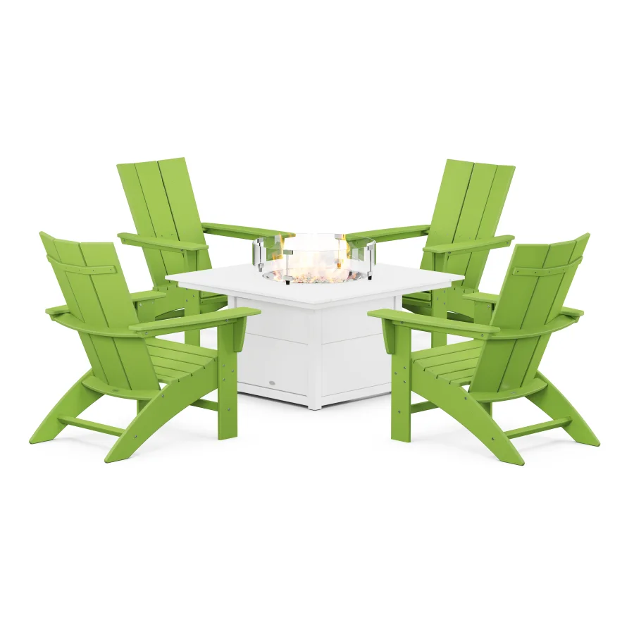 POLYWOOD Modern Curveback Adirondack 5-Piece Conversation Set with Fire Pit Table in Lime