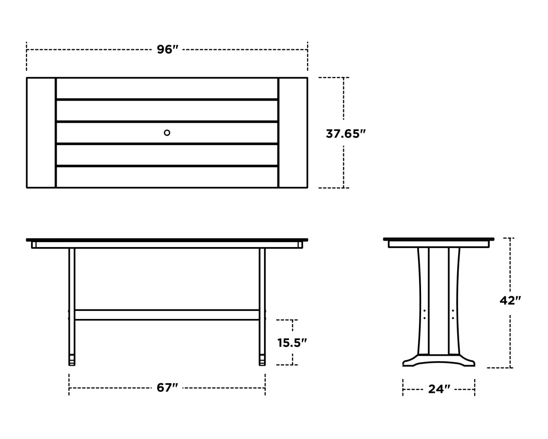 Dimensions for Farmhouse Trestle 38" x 96" Bar Table