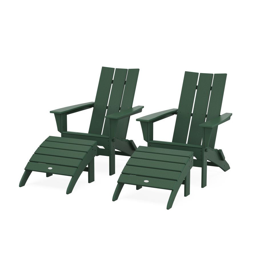 POLYWOOD Modern Folding Adirondack Chair 4-Piece Set with Ottomans in Green