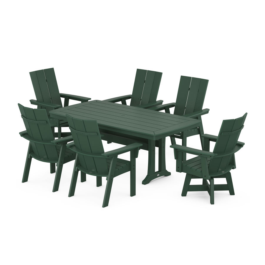 POLYWOOD Modern Adirondack Swivel Chair 7-Piece Dining Set with Trestle Legs in Green