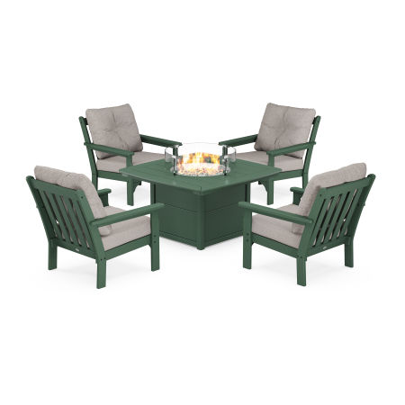 Vineyard 5-Piece Conversation Set with Fire Pit Table in Green / Weathered Tweed