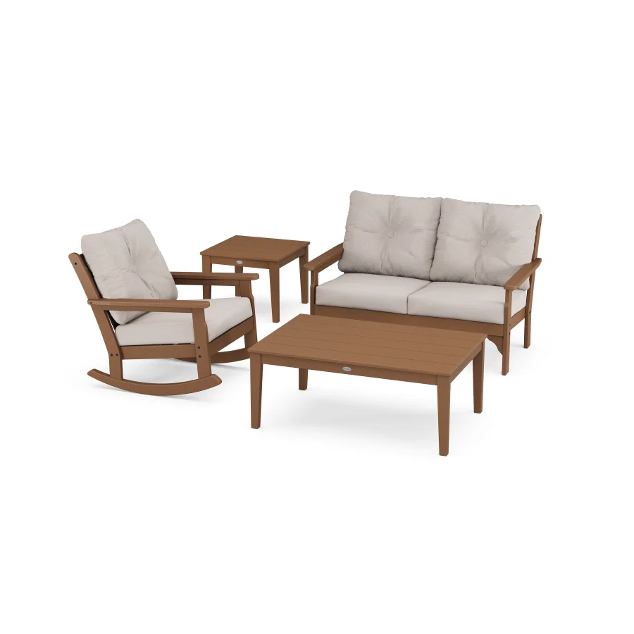 POLYWOOD Vineyard 4-Piece Deep Seating Rocker Set in Teak / Dune Burlap