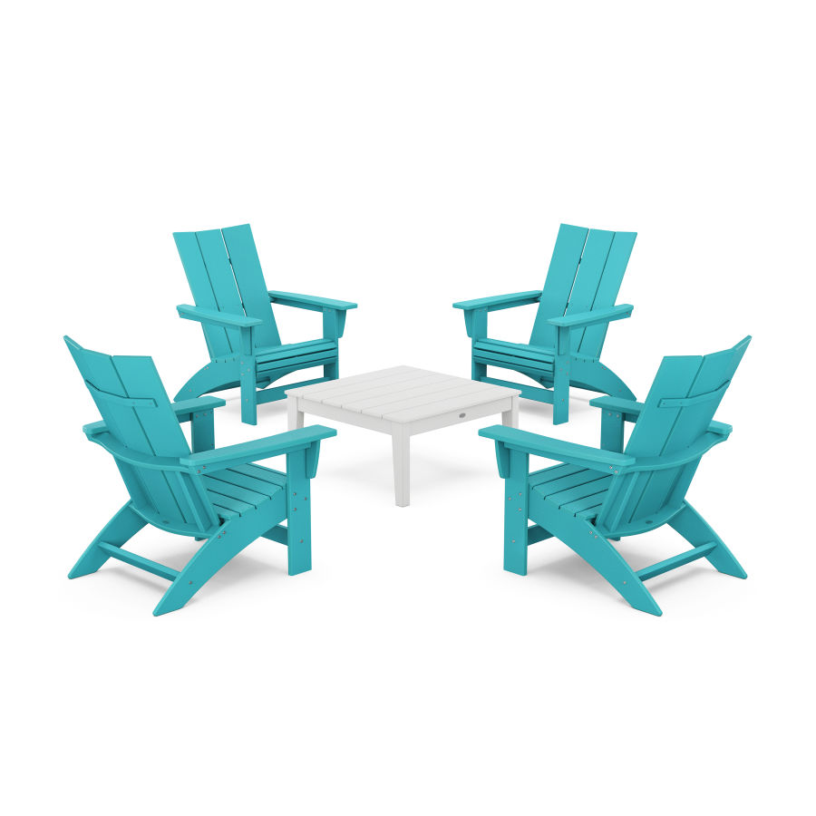 POLYWOOD 5-Piece Modern Grand Adirondack Chair Conversation Group in Aruba / White