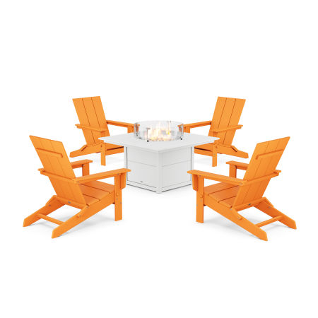 POLYWOOD 5-Piece Modern Studio Folding Adirondack Conversation Set with Fire Pit Table in Tangerine