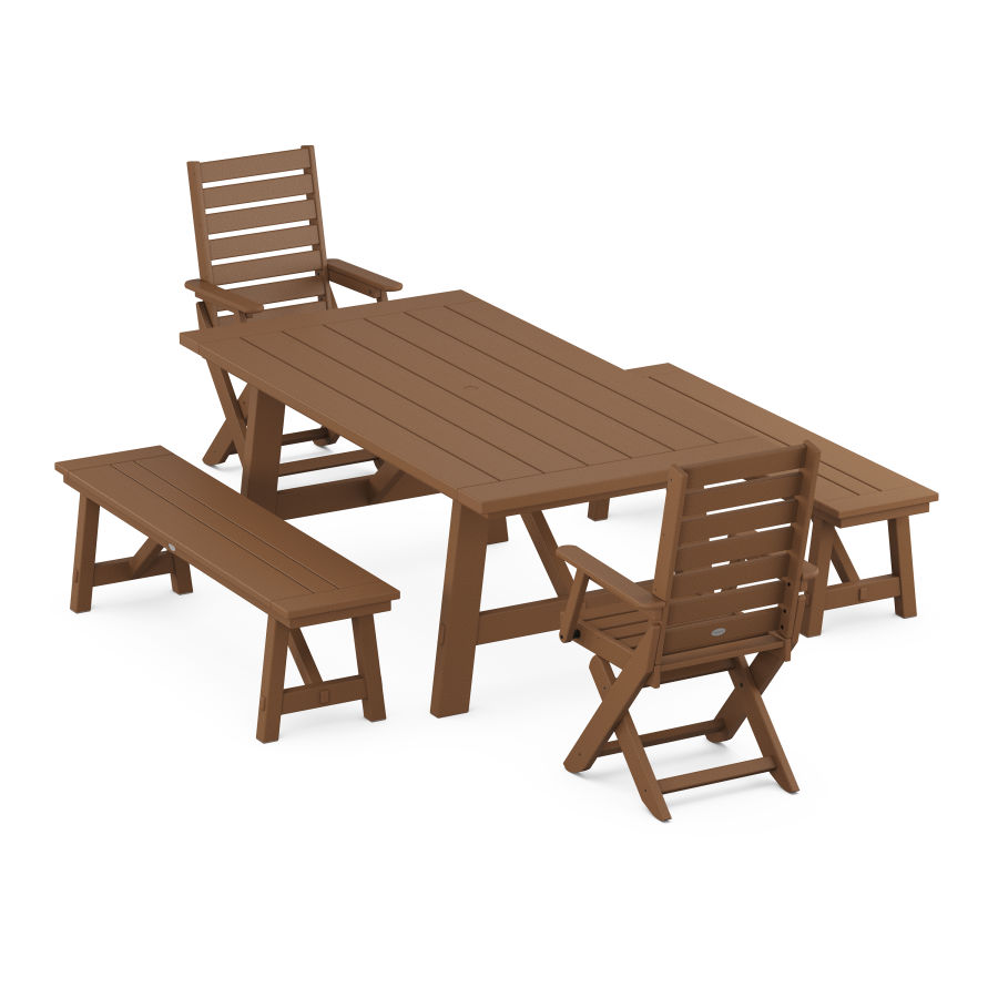 POLYWOOD Captain Folding Chair 5-Piece Rustic Farmhouse Dining Set With Benches in Teak