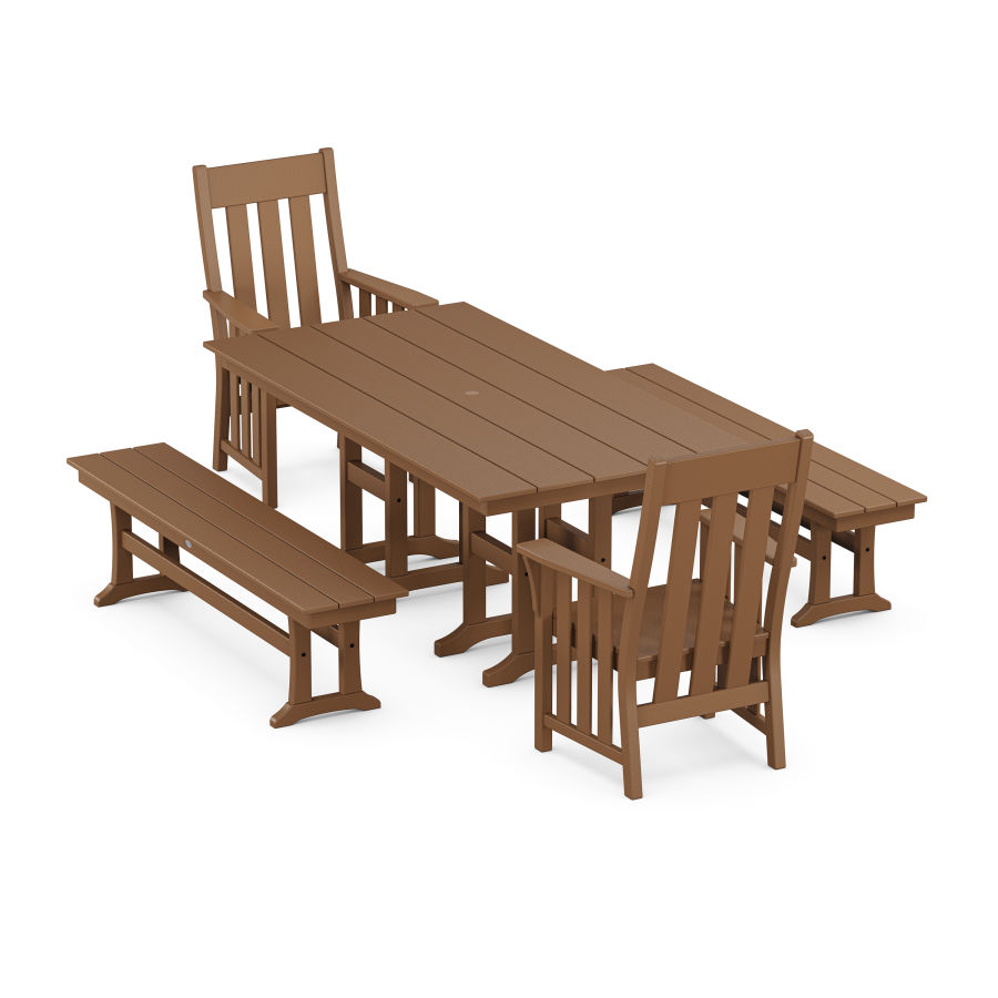 POLYWOOD Acadia 5-Piece Farmhouse Dining Set with Benches in Teak