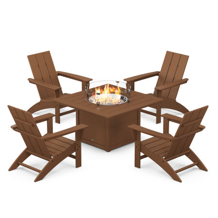 Modern 5-Piece Adirondack Chair Conversation Set with Fire Pit Table in Teak