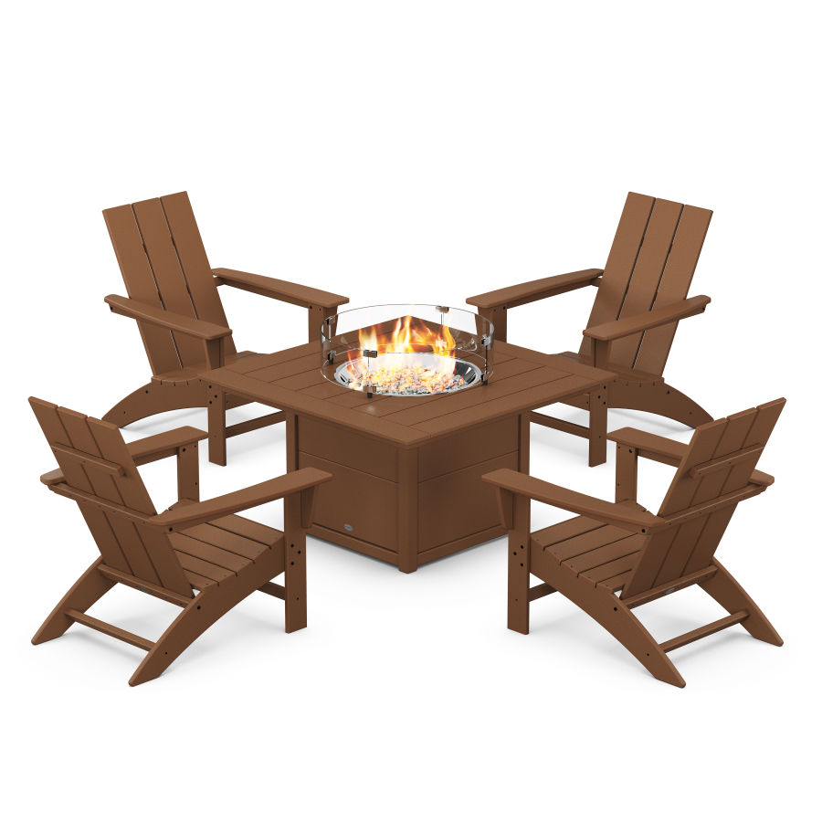 POLYWOOD Modern 5-Piece Adirondack Chair Conversation Set with Fire Pit Table in Teak